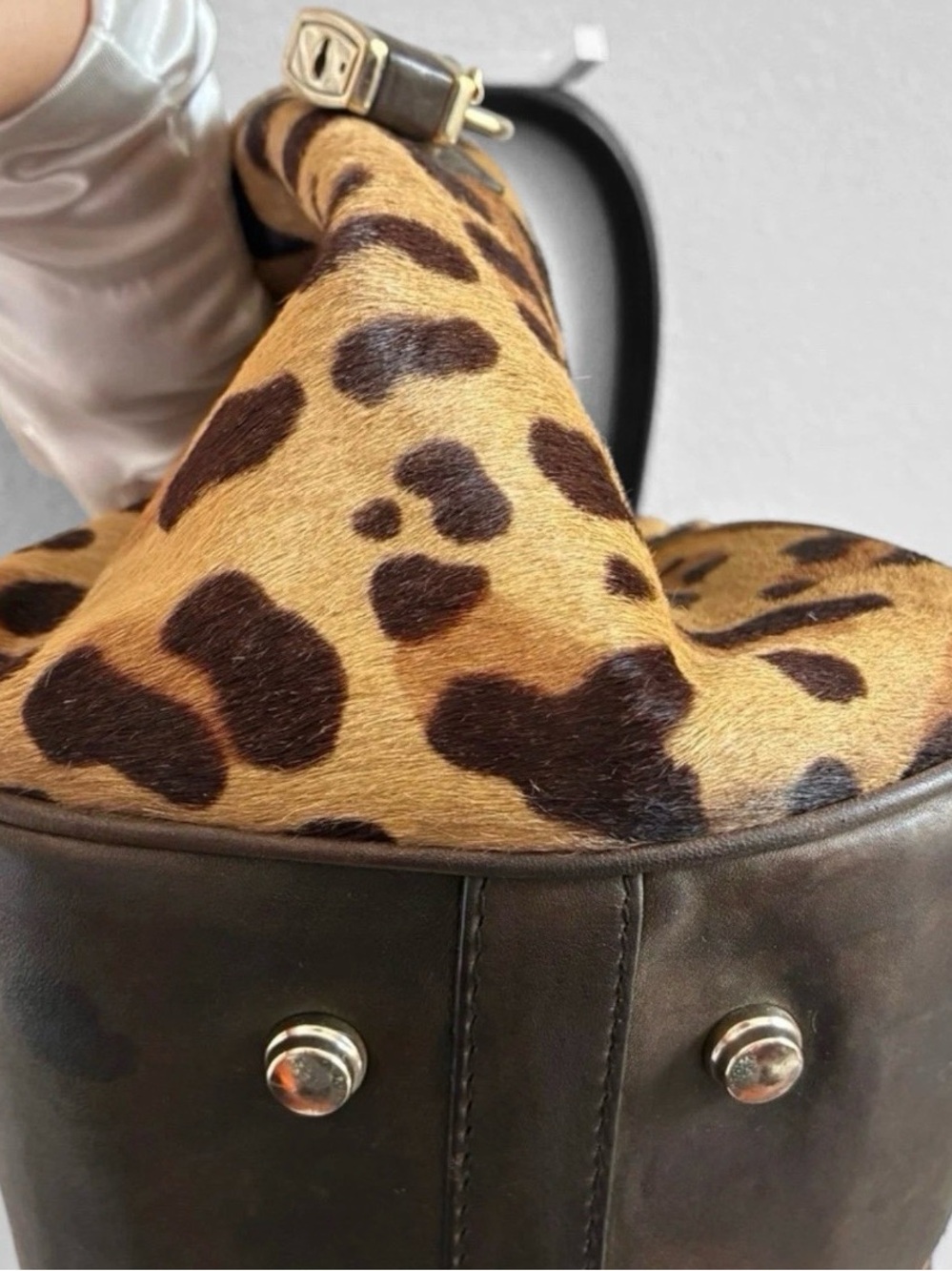 Bally Leopard Print Pony Hair Leather Satchel Bag Large Vintage Italy - Picture 3 of 8